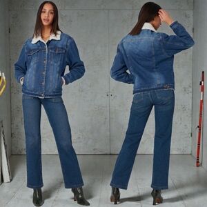 Mason By Suko Women's Medium Wash Sherpa Lining Denim Trucker Jacket